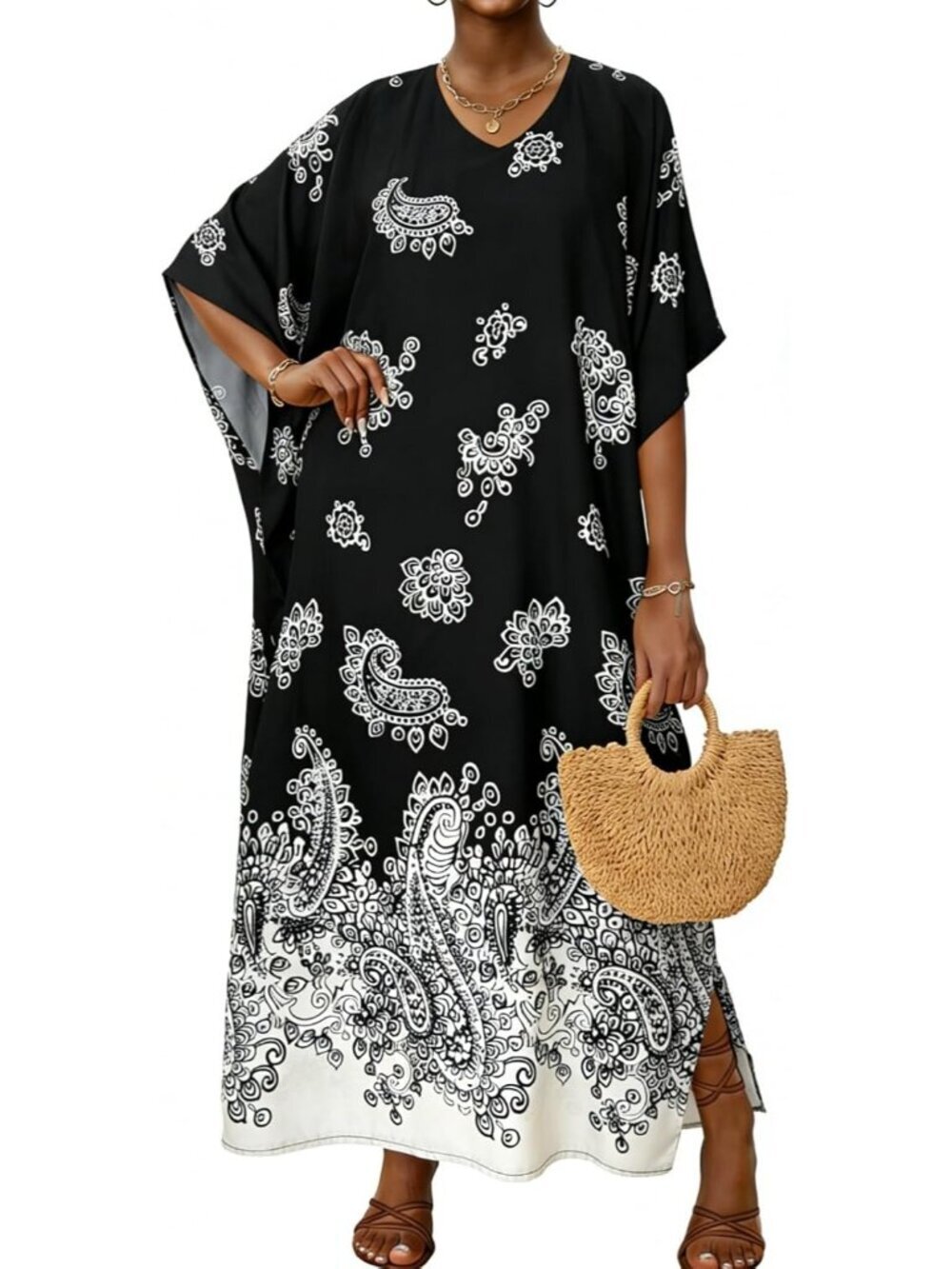Women's Black White Paisley Plus Size V Neck Caftan Long Batwing Sleeve Cover Up